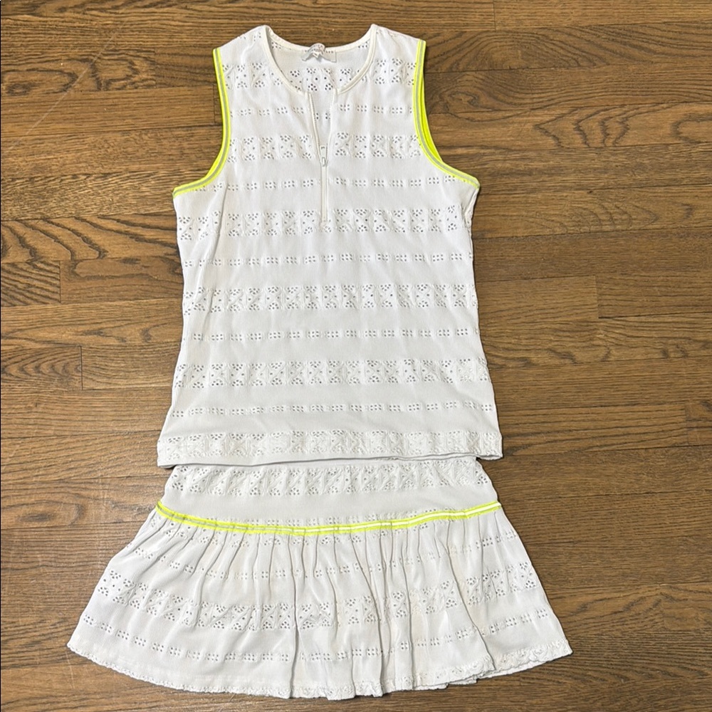 Veronica Beard White Eyelet Tank & Skirt Set with Neon Yellow Trim